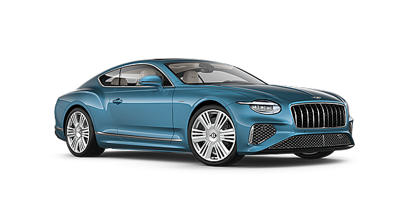 Bentley Vilnius New Bentley Continental GT Azure coupe front three quarter in Light Windsor Blue paint