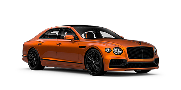 Bentley Vilnius Bentley Flying Spur Speed front side angled view in Orange Flame coloured exterior. 