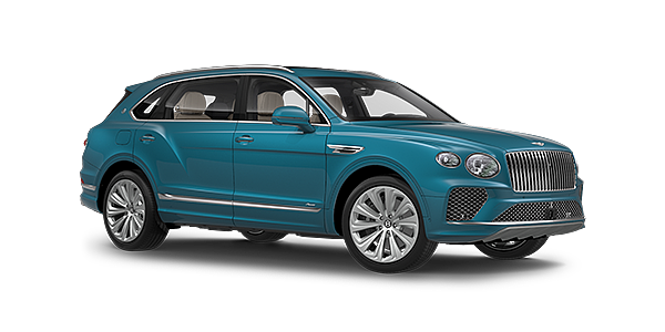 Bentley Vilnius Bentayga Extended Wheelbase Azure luxury SUV front three quarter in Topaz Blue by Mulliner paint